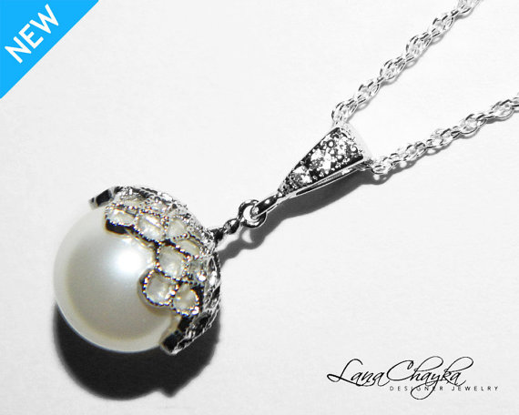 زفاف - Wedding White Pearl Necklace Swarovski 10mm Pearl Drop Necklace Sterling Silver CZ White Pearl Necklace Bridal Jewelry FREE US Shipping