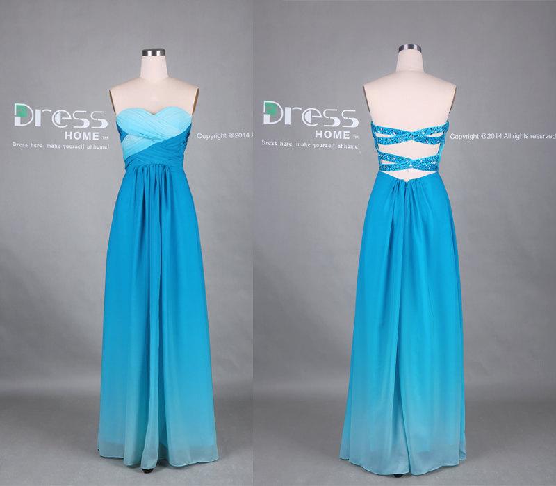 Wedding - New Design 2015 Ombre Blue Sweetheart Beading A Line Long Chiffon Prom Dress/Sexy Bridesmaid Dress/Long Party Dress/Evening Gown DH336