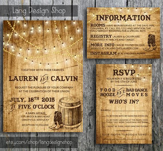 Свадьба - Country Wedding Invitation Suite with Lights and Cowboy Boots - Printable Wedding Invitation, RSVP and Guest Information Card