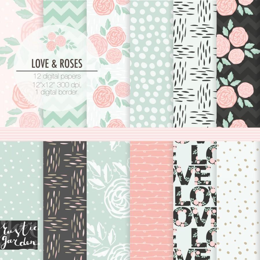 Wedding - Floral digital paper pack in pink and mint. Wedding patterns for invitation, cards. Love, flowers, chevron, roses, dots and vines.