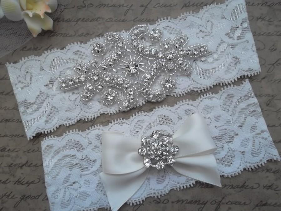 Mariage - OLIVIA Style A-Vintage Inspired Wedding Garter Set, Ivory Lace Garter, Rhinestone Crystal Bridal Garter