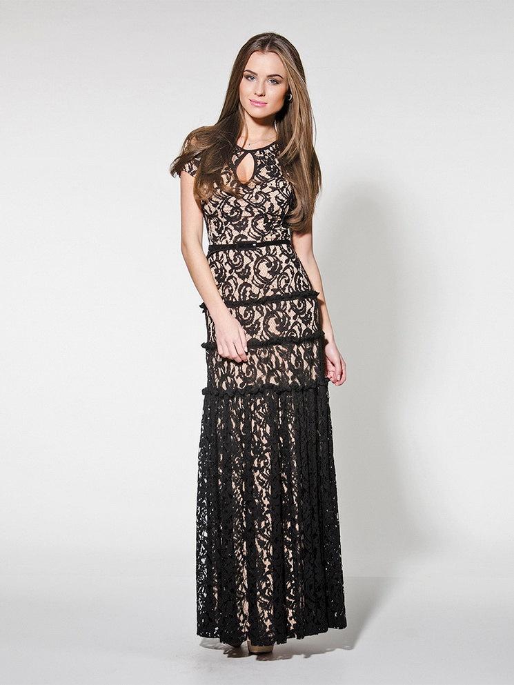 Hochzeit - Elegant Evening Lace Dress Beige Black Bridesmaid Dress Long.
