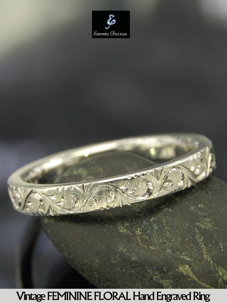 Hochzeit - Vintage Feminine Floral Hand Engraved Silver Ring , Antique engagement ring, Stacking ring, Engagement ring , Stackable Silver ring 