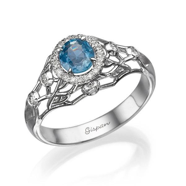 زفاف - filigree engagement ring 14k white Gold With diamonds and Sapphire, Unique Engagement Ring, Engagement Ring, Gem Ring, Sapphire Ring,