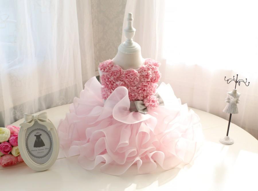 زفاف - Fancy Pink Flower Girl Dress,Infant Tutu with Special Flowers,Toddler glitz pageant dress,Birthday Dress 1 Year Old, PD057