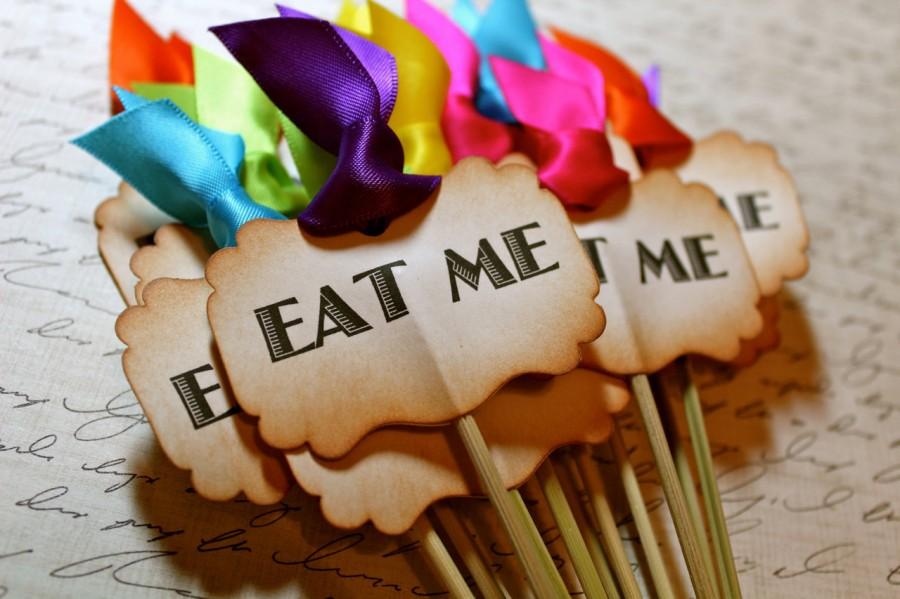 Hochzeit - Vintage Inspired "Eat Me" Cupcake Toppers - Set of 12 - You Choose Ribbon Color