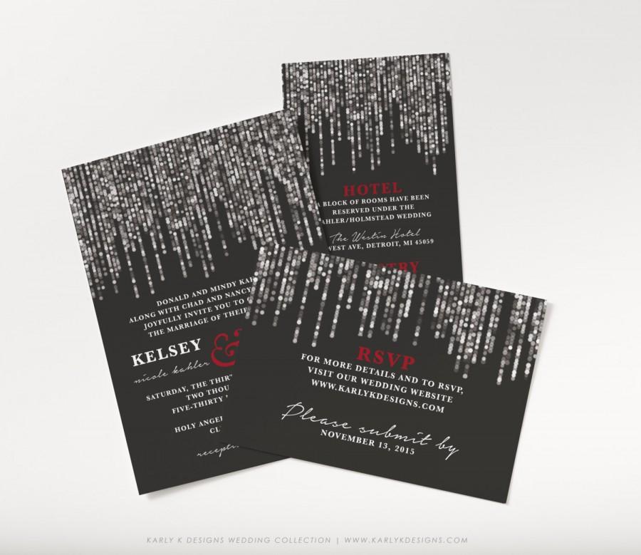 Hochzeit - Printable Winter Wedding Invitation, Black, Red, and Silver Wedding Invitation Set, Glamorous Winter Wedding Invitations