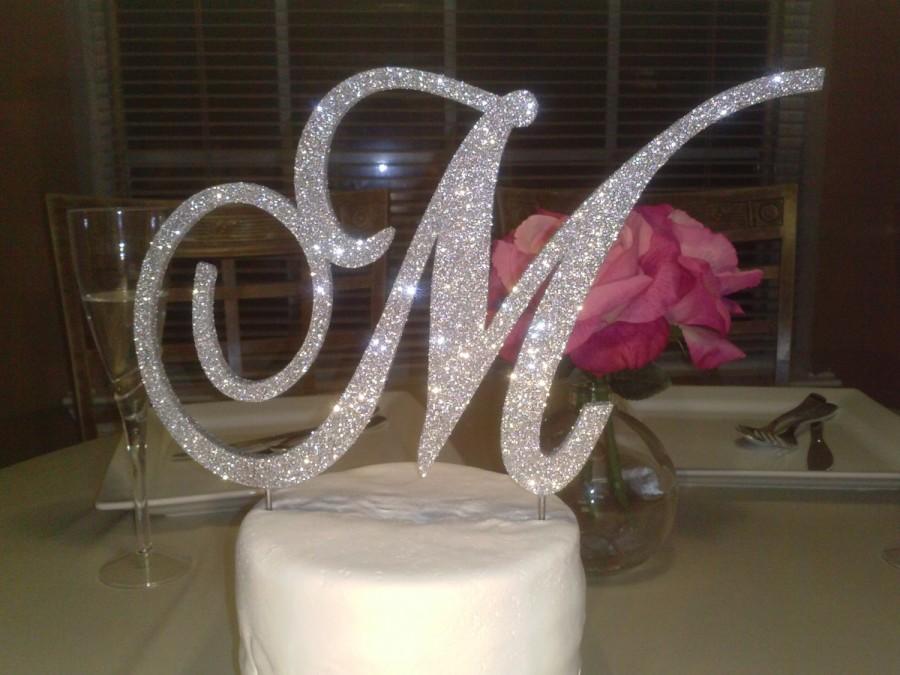 Свадьба - Monogram cake topper 6 inch silver glitter