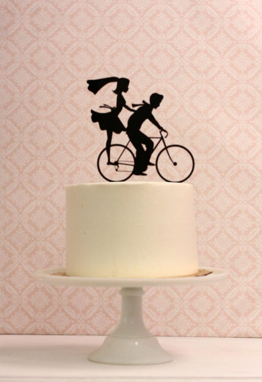 Hochzeit - Wedding Cake Topper with Bride and Groom Silhouettes on Bike - Bicycle Silhouette Cake Topper
