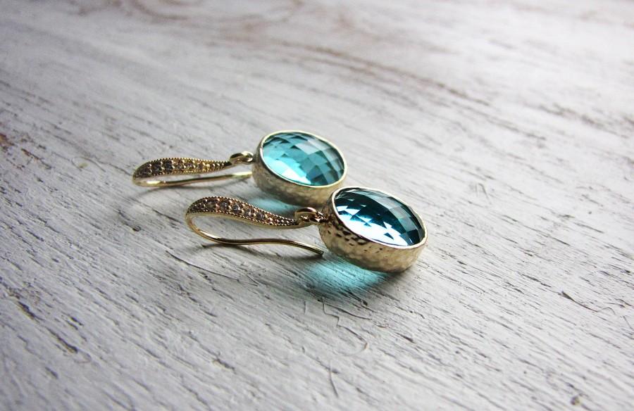 زفاف - Bridal Earrings Teal Blue Turquoise Earrings Necklace SET Gold Blue Glass Earrings Bridesmaids Gifts Something Blue Wedding Jewelry