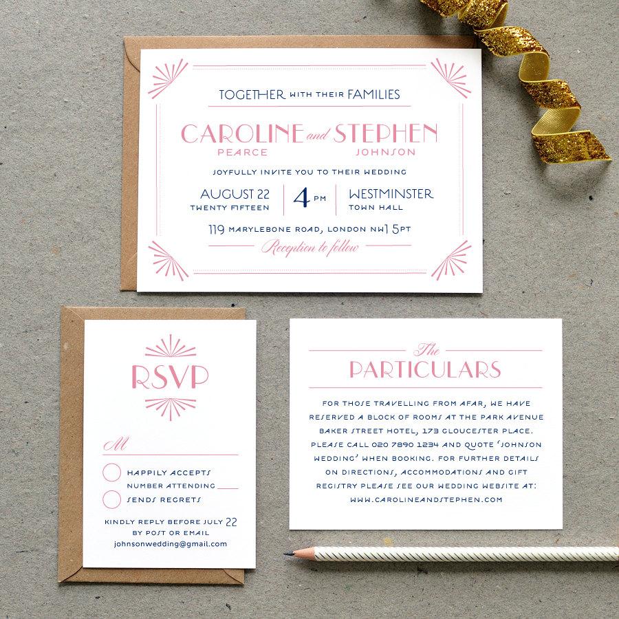 Свадьба - Printable Wedding Invitation PDF / 'Glamourous Gatsby' Art Deco Invitation / Pink and Navy / Digital File Only / Printing Also Available