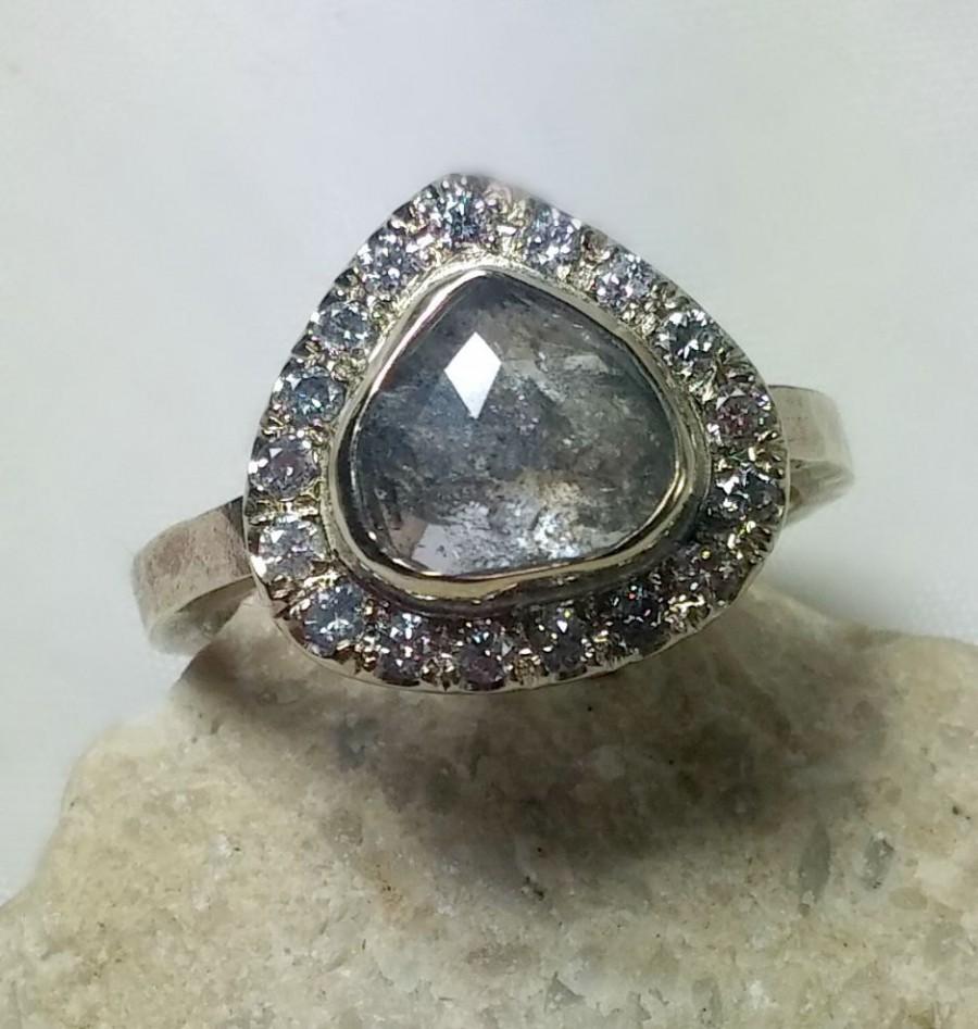 Wedding - Natural large rose cut diamond Halo ring, engagement ring, solid white gold multistone ring,  diamond halo ring, wedding ring
