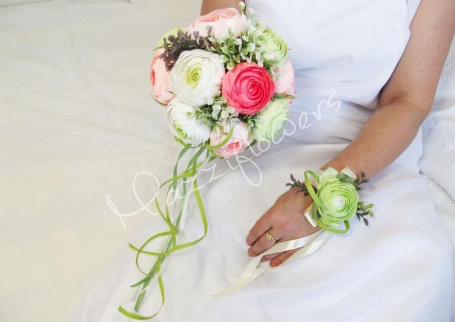 Mariage - Wedding bouquet, Bridal bouquet,paper flower bouquet,Camellias, ranunculus,mint, white,salmon-raspberry ,paper flowers,bridal flower,
