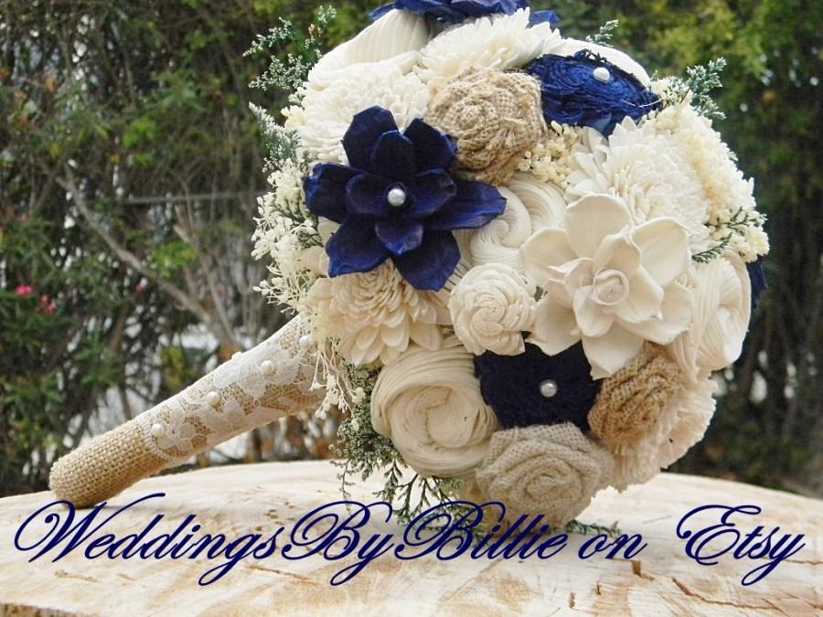 Hochzeit - Fall Bouquets, Burlap Lace, Navy Blue Sola Bouquet, Blue Bouquet, Wedding Flowers, Rustic Shabby Chic, Bridal Accessories, Keepsake Bouquet