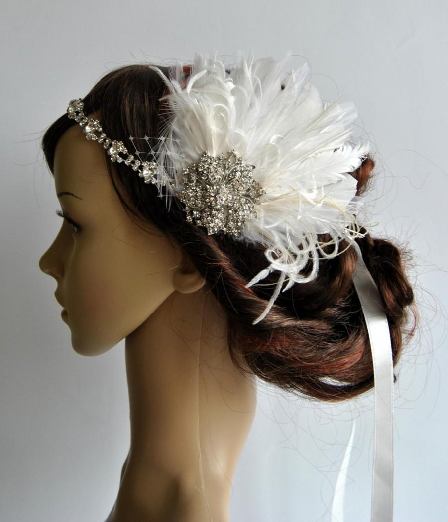 زفاف - Rhinestone flapper headpiece,The Great Gatsby,20's flapper Headpiece, Bridal 1920s Headpiece ,Rhinestone headband, Ivory Feather Fascinator