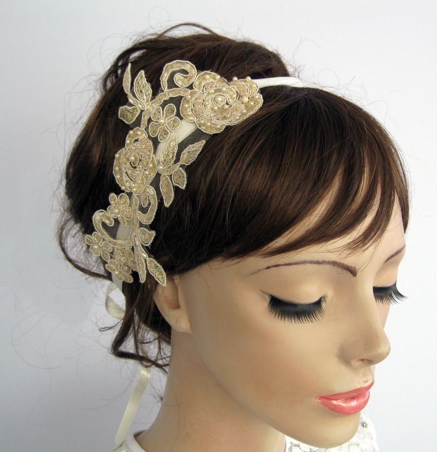 Mariage - Beige Bridal Headband, Beaded Wedding Fascinator Made with Cream Floral Lacy Tulle Applique. Handmade