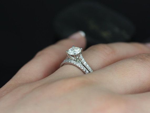 Wedding - Eva 6mm Platinum Round FB Moissanite And Diamonds Cathedral Wedding Set (Other Metals And Stone Options Available)