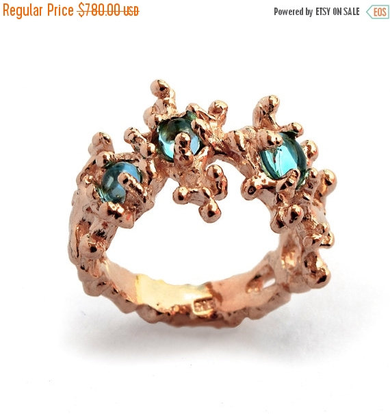 زفاف - 20% off SALE - BETWEEN THE Seaweeds Rose Gold Ring, Blue Topaz Ring, Gold Gemstone Ring, Unique Gold Ring