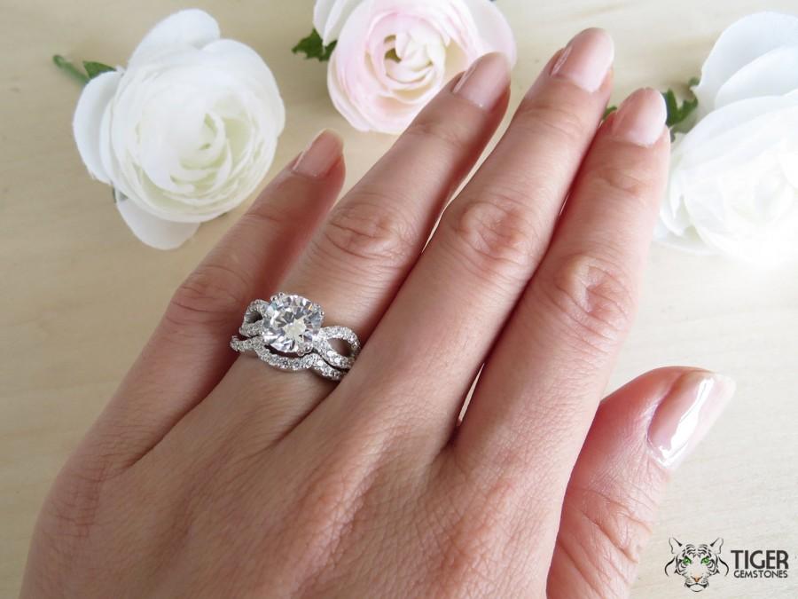 Wedding - 2.25 Carat Round, Infinity Gatsby Style Wedding Set, Engagement Ring, Band, Flawless Diamond Simulants, Promise Ring, Bridal Sterling Silver