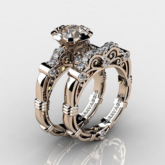 زفاف - Art Masters Caravaggio 14K Rose Gold 1.0 Ct Champagne And White Diamond Engagement Ring Wedding Band Set R623S-14KRGDCHD