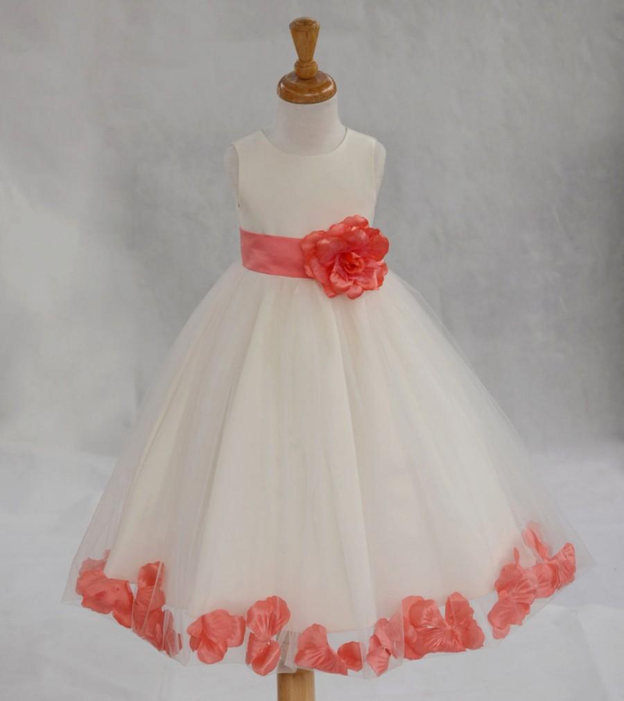 زفاف - Ivory / Coral (pictured) Flower Girl Dress pageant wedding bridal children bridesmaid toddler elegant sizes 6-9m 12m 2 4 6 8 10 12 14 