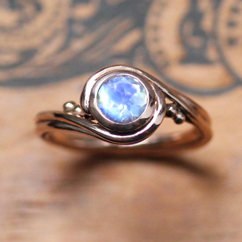 Wedding - Rose gold moonstone ring - unique engagement ring with rainbow moonstone - swirl band - artisan ring Pirouette ring - custom made to order