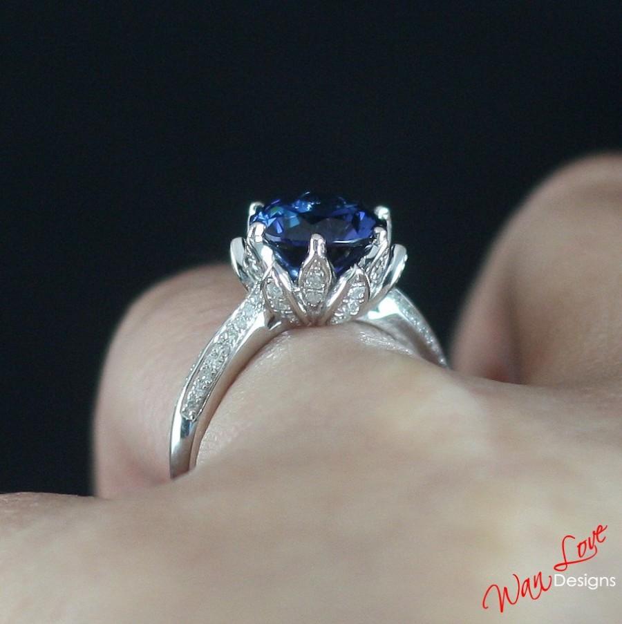 زفاف - Lotus flower Diamond & Blue Sapphire Engagement Ring Round 2ct 8mm 14k 18k White Yellow Rose Gold-Platinum-Custom made-Wedding-Anniversary