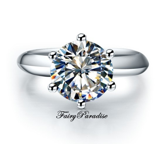 زفاف - 3 Ct Classic 6-prong Solitaire Engagement Rings / Wedding Promise Ring, Round Brilliant Cut lab made Diamond, with gift box (FairyParadise )