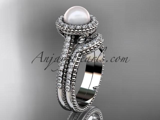 Hochzeit - 14k white gold diamond pearl engagement set AP101S
