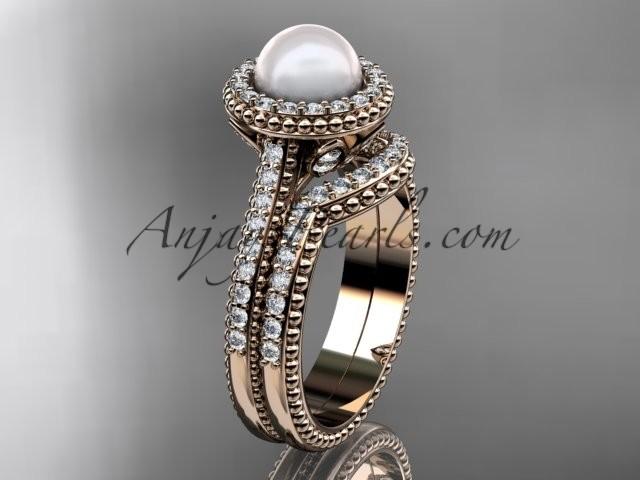 Mariage - 14k rose gold diamond pearl engagement set AP101S