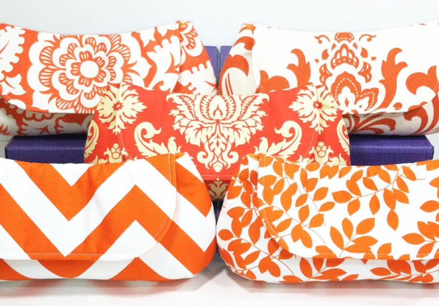 Mariage - Orange Bridesmaids Clutches Choose Your Fabric Set of 5