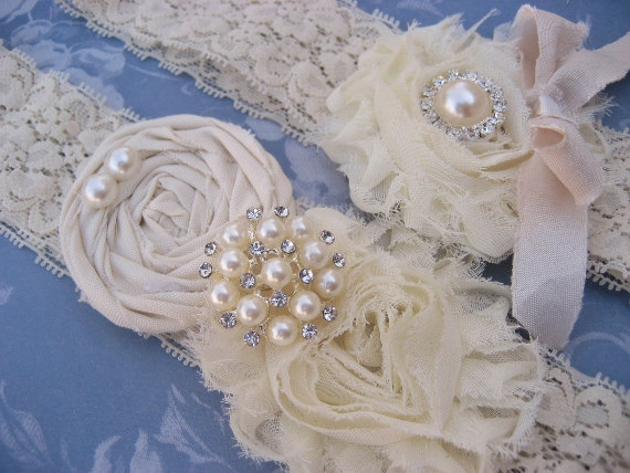 Hochzeit - Vintage Bridal Garter Wedding Garter Set Toss Garter included  Ivory with Rhinestones and Pearls  Custom Wedding colors