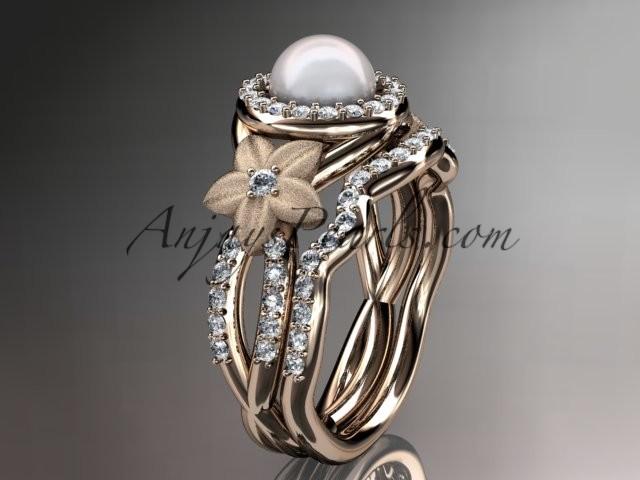 Hochzeit - 14kt rose gold diamond floral wedding ring, engagement set AP127S