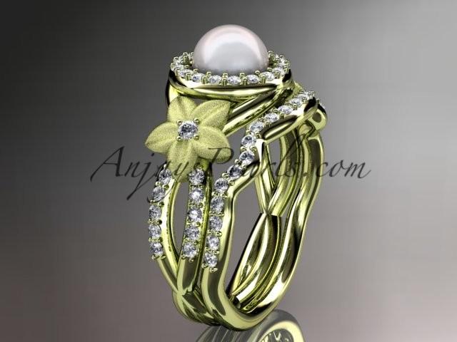 Hochzeit - 14kt yellow gold diamond floral wedding ring, engagement set AP127S