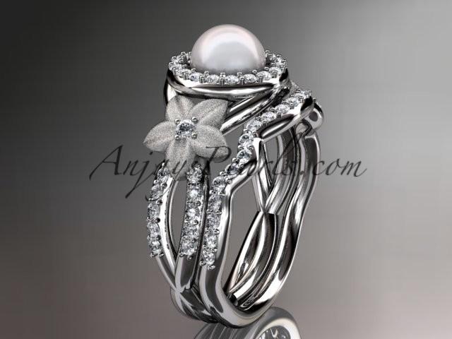 زفاف - 14kt white gold diamond floral wedding ring, engagement set AP127S