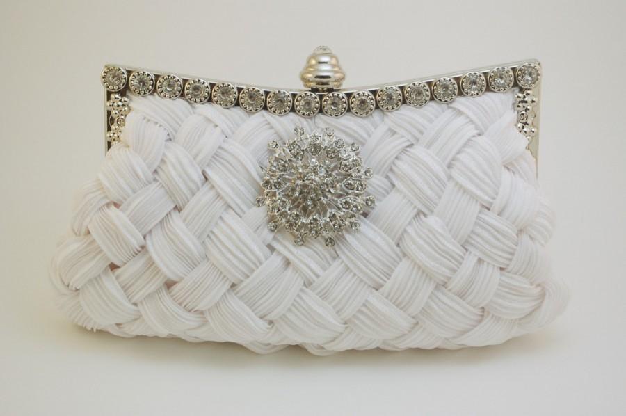زفاف - White Bridal Handbag, Weaved Taffeta Satin Bridal Clutch, Wedding Clutch Crystal Brooch White Bride Clutch Bag Bride Clutch Swarovski Clutch