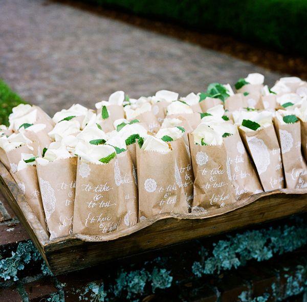 Wedding - Rose Petals In White Calligraphy And Kraft Paper Bags