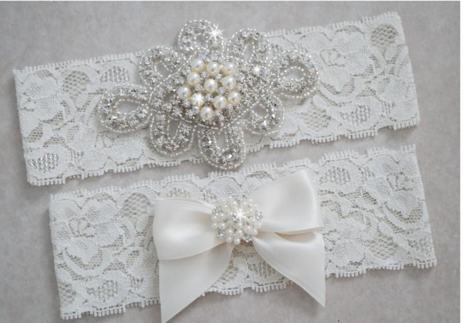 زفاف - KATE Style A-Wedding Garter Set, Bridal Garter Set, White Lace Garter, Ivory Lace Garter, Pearl Garter