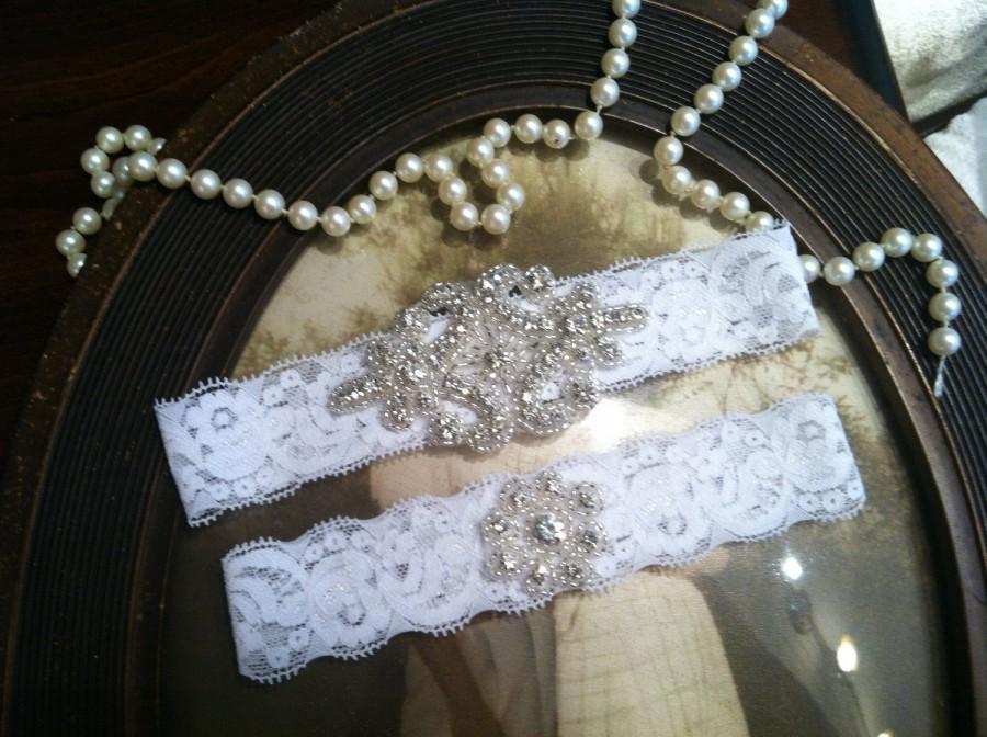 Hochzeit - SALE-Wedding Garter - Bridal White or White-Lace Garter Set-Rhinestone Garter-Applique Garter-Vintage-Bridal Garter-