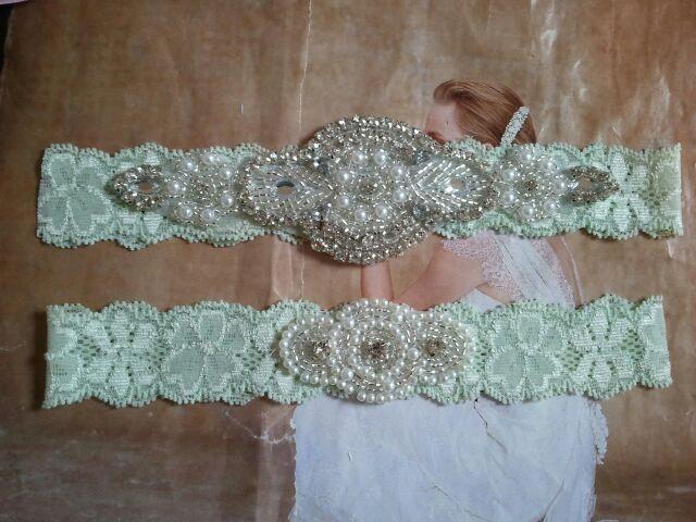 Hochzeit - SALE - Wedding Garter Set -Pearl & Rhinestone Garter Set on a Light Mint Colored Lace - Style G10001