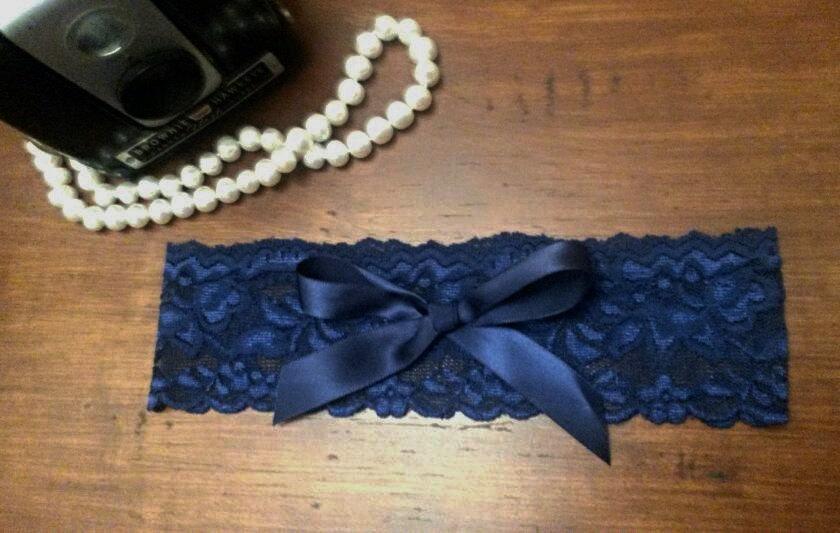 Wedding - Navy Blue Garter, Navy Garter, Custom Sized Bridal Navy Blue Lace Garter With Navy Blue Bow
