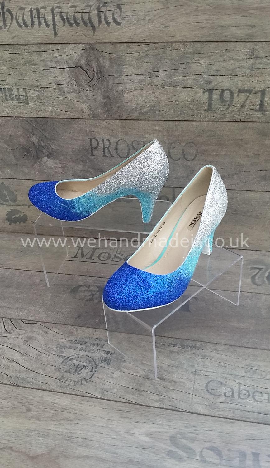 زفاف - Custom made blue to silver graded glitter shoes - any style or size.  Wedding shoes, prom shoes, custom glitter shoes made to order
