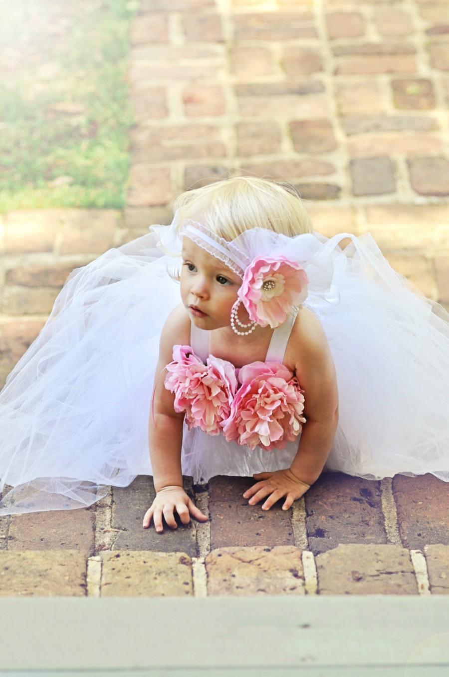 Hochzeit - Tulle Tutu, White Tutu Dress, Wedding Tutu, Pageant Dress, Spring Dress, Elastic Headband, White Wedding, Outfit of Choice, Pink Flowers