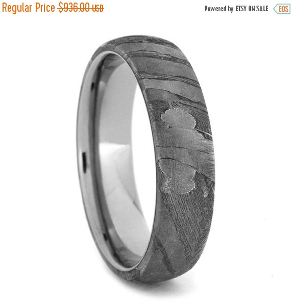 Hochzeit - Holiday Sale 10% Off Titanium Ring with Seymchan Meteorite Overlay, Meteorite Wedding Band