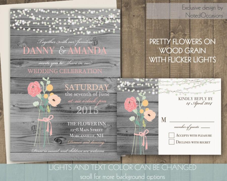 Wedding - Rustic Wedding Invitations floral Bouquet and dangling lights  - Coral and pink with Background Options Scroll Digital Printable Wedding Set