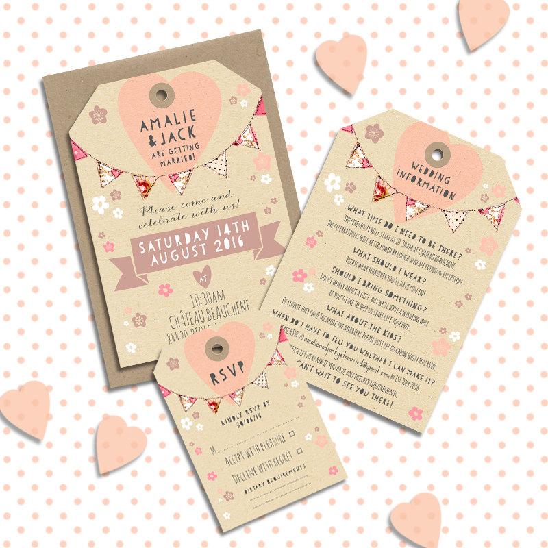 Mariage - 25 Flowers and Bunting Wedding Invites, Luggage Tag, Modern Wedding, Wedding Stationery, Wedding Invitation