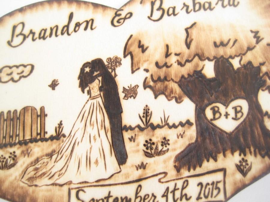 زفاف - Rustic Wedding Cake Topper, Wood Heart, Tree, Silhouette, bride and groom, with Dog, Country Wedding, Unique Wedding Gift, Personalized
