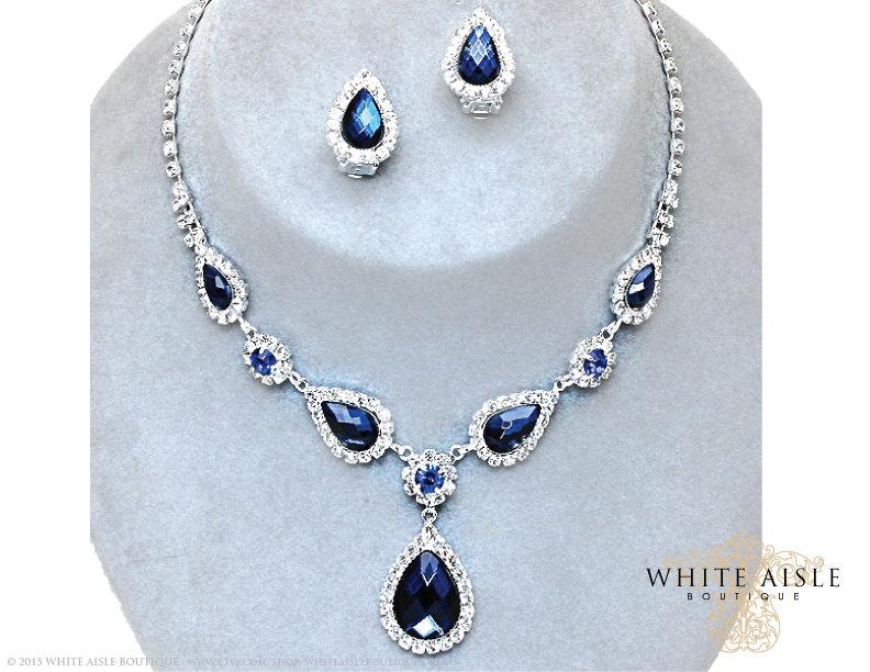Wedding - Sapphire Blue Drop Necklace Set, Rhinestone Bridal Statement Necklace, Wedding Jewelry, Vintage Inspired Necklace, Bridesmaids Jewelry