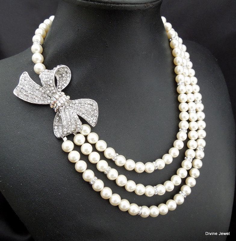 Свадьба - Pearl Necklace,Bridal Rhinestone Necklace,Ivory or White Pearls,Bow Necklace,Statement Bridal Necklace,Bridal Pearl Necklace,Pearl,ANASTASIA