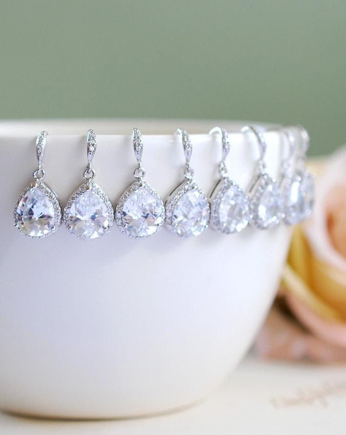 Wedding - Special Price. Set of 7, Seven Pairs LARGE Teardrop White Crystal Cubic Zirconia Earrings. Wedding Bridal Earrings, 7 Bridesmaid Earrings
